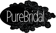 "PureBridal" logo on a black oval with ornate gray swirls and white text.