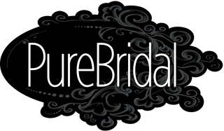 "PureBridal" logo on a black oval with ornate gray swirls and white text.