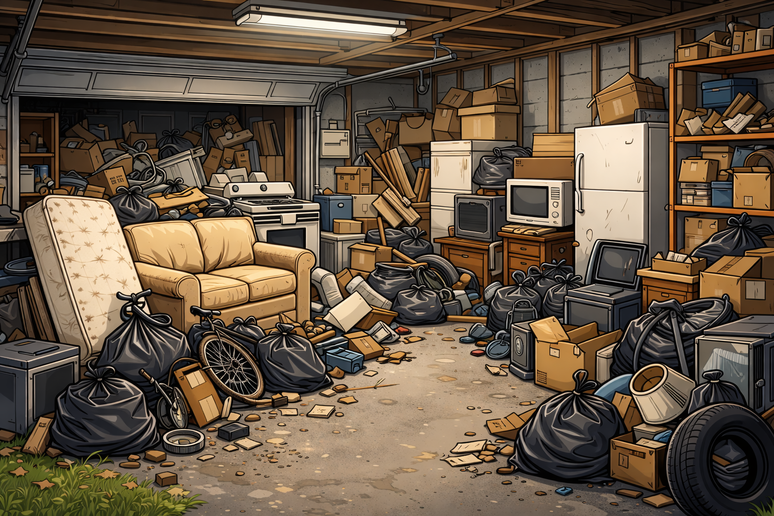 Cluttered garage with black trash bags, cardboard boxes, furniture, and appliances.