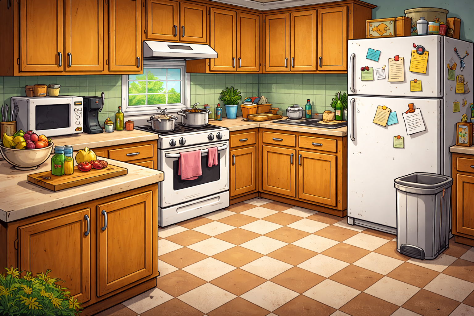 Cozy kitchen with wooden cabinets, white appliances, and a checkered floor.