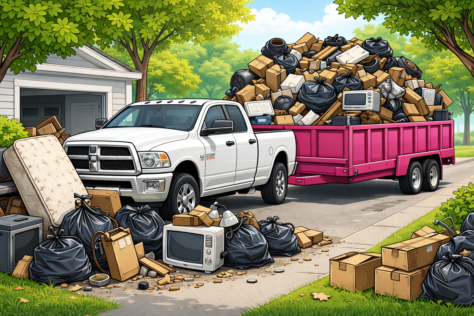 White pickup truck towing a trailer overflowing with junk and trash bags on a suburban street.