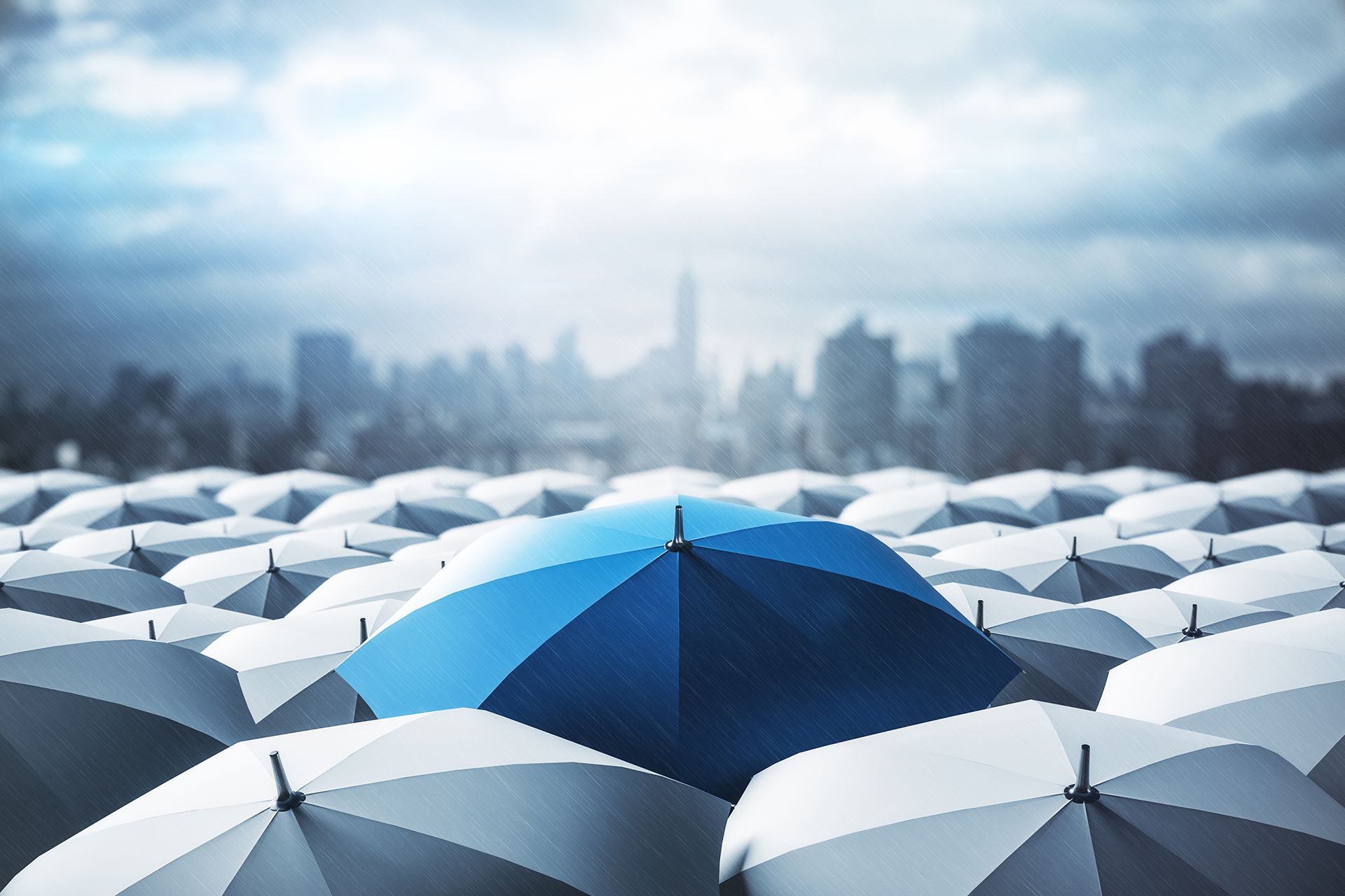 A blue umbrella is standing out from the crowd of white umbrellas.