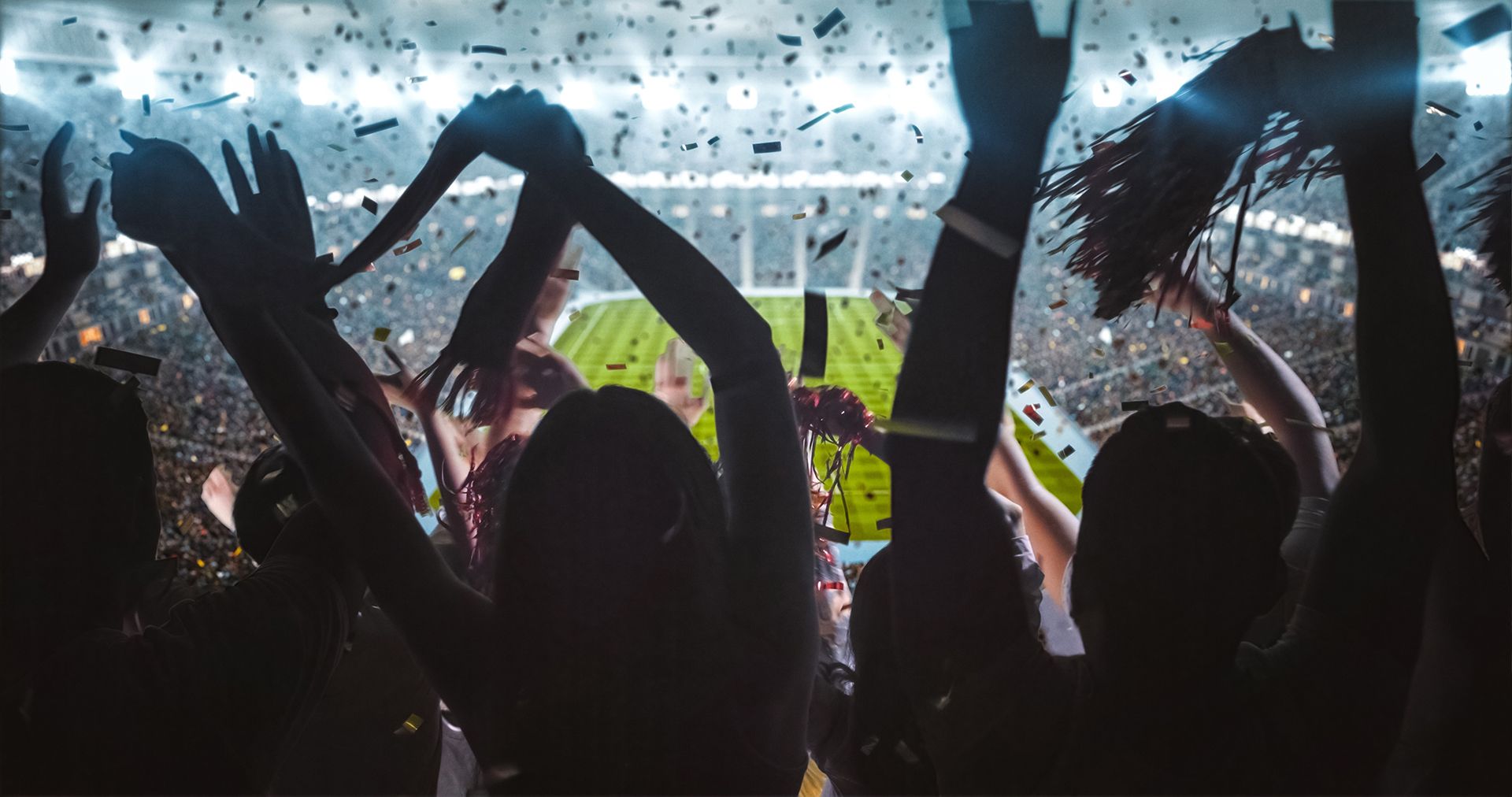 A crowd of people are standing in a stadium with their arms in the air.