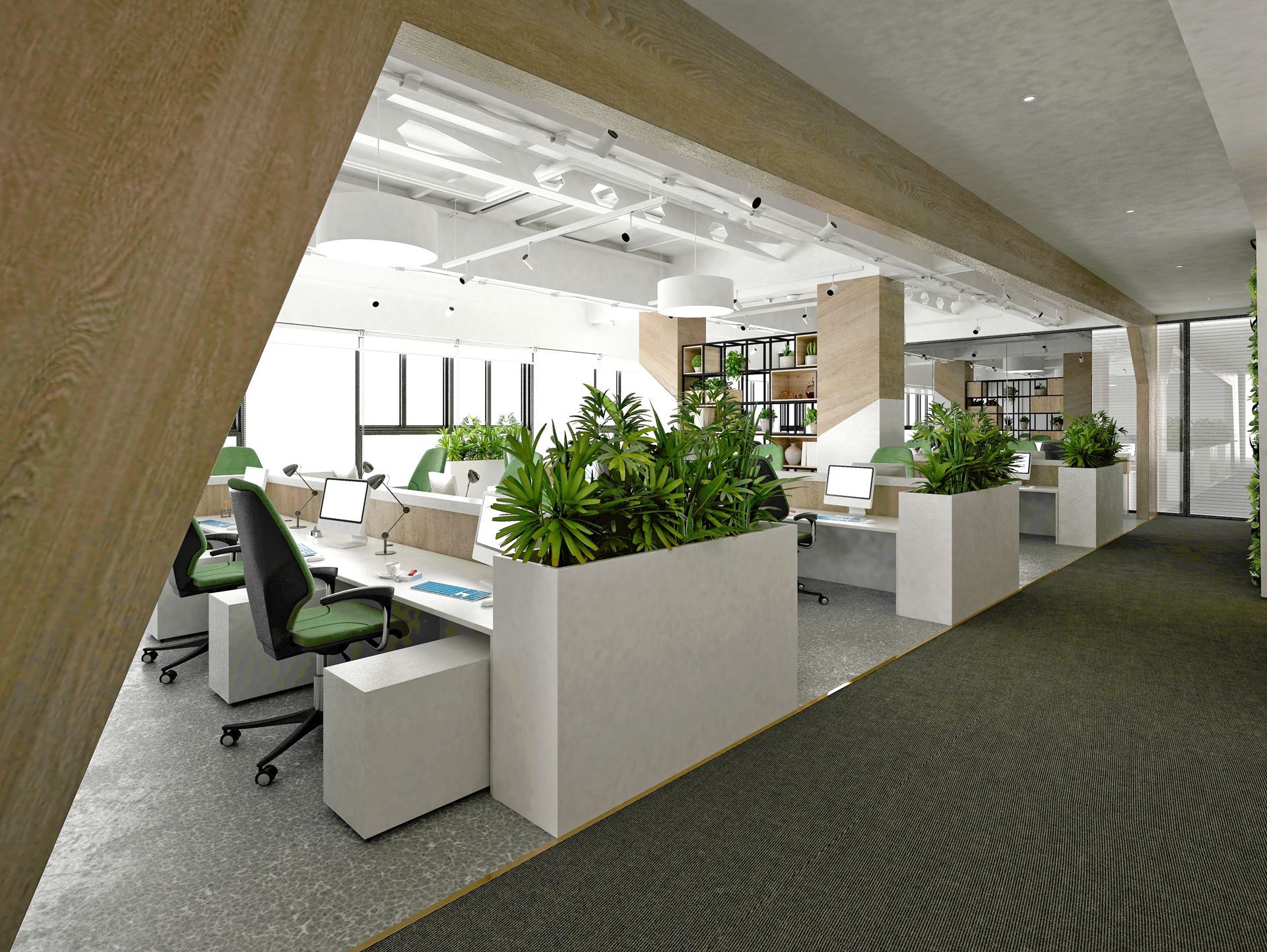 A modern office with a lot of plants in the cubicles.