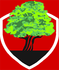 Red shield with a green tree against a black base, outlined in white.