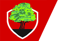 Red flag with a white-bordered shield holding a green tree with a dark trunk against a black base.