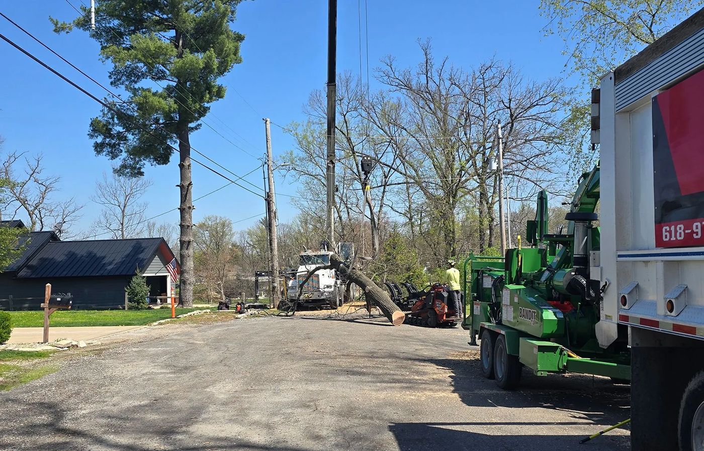 Tree removal crew working near power lines; a truck and a chipper are visible.