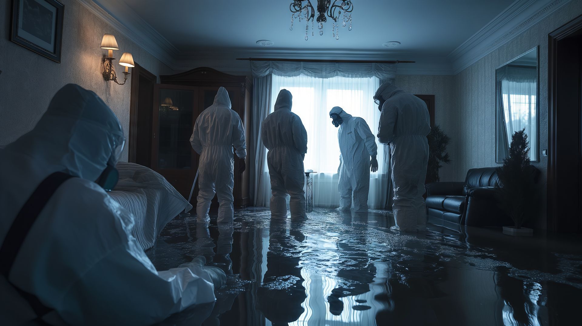 A group of people in protective suits are standing in a flooded living room.