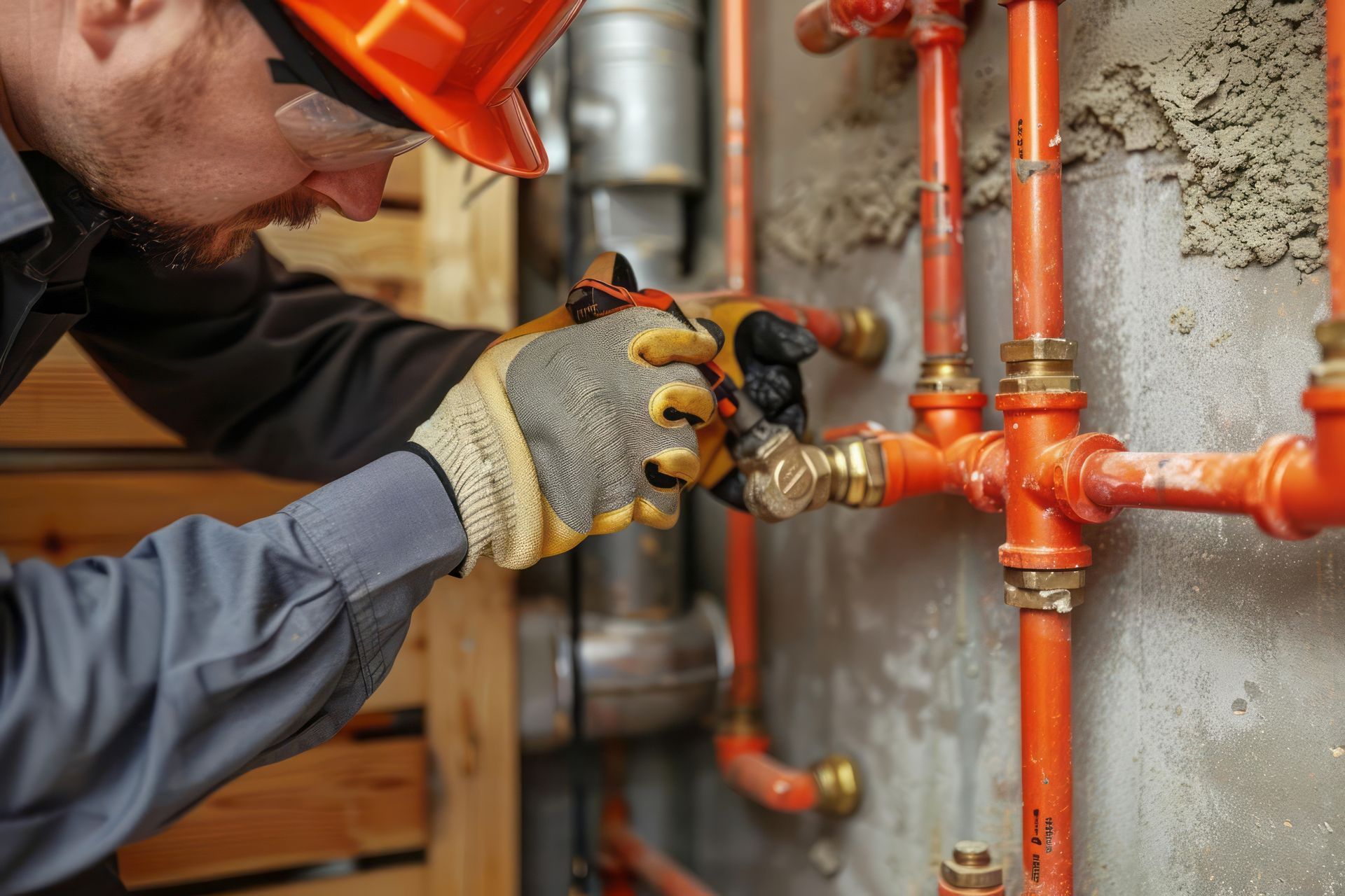 A man wearing a hard hat and gloves is working on pipes.