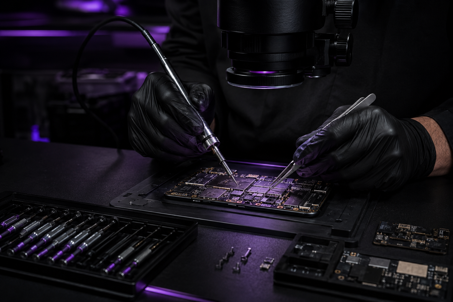 Un técnico de Orduna Samartfix con guantes negros realiza microsoldadura y reparación de placas