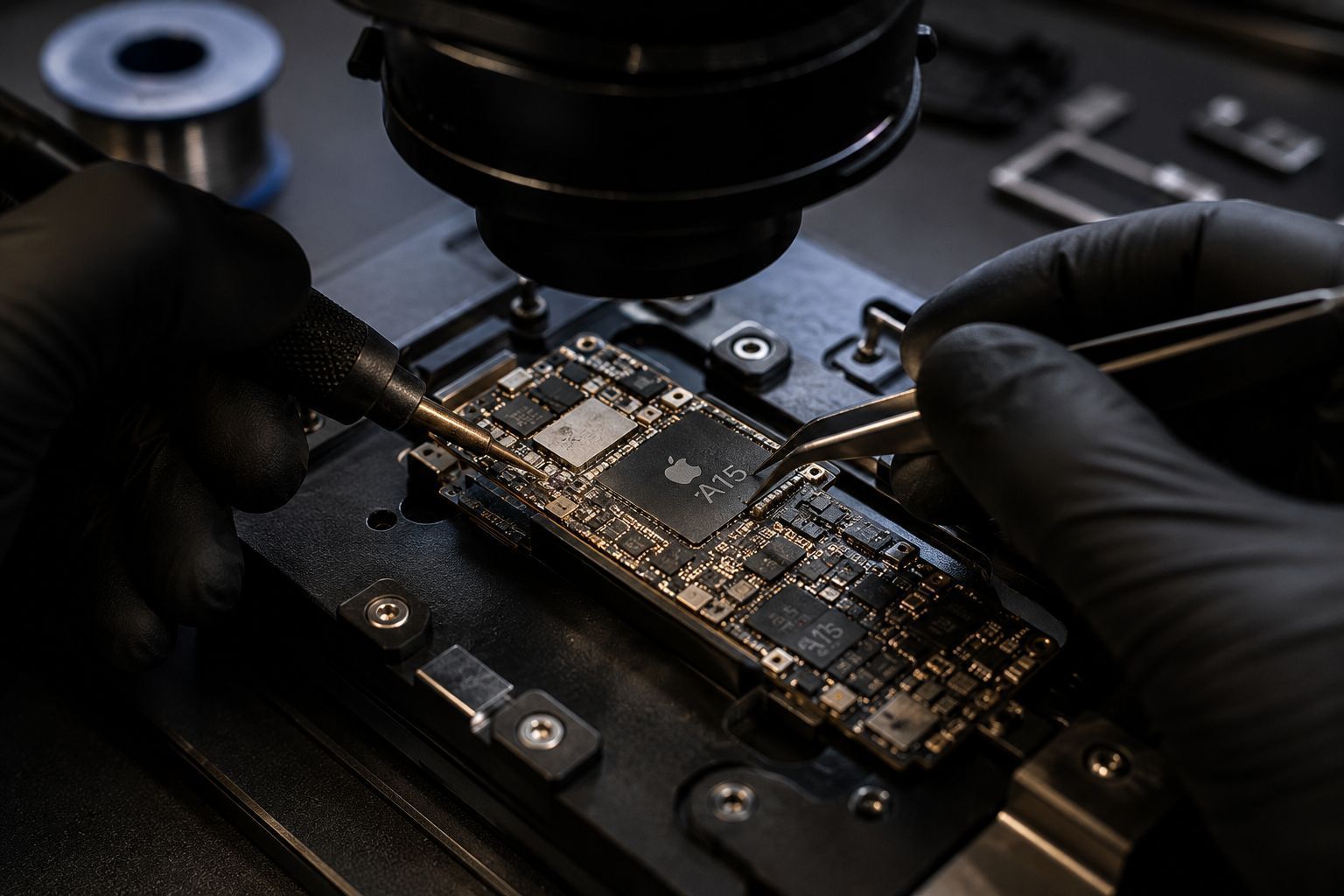 Técnico de Orduna Smartfix inspecciona una placa de circuito bajo un microscopio para cambio de pantalla.