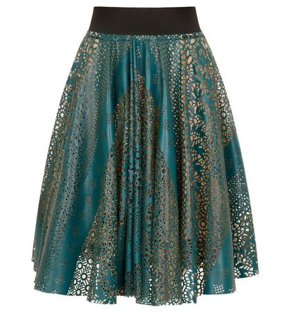 model wearing turquoise skirt