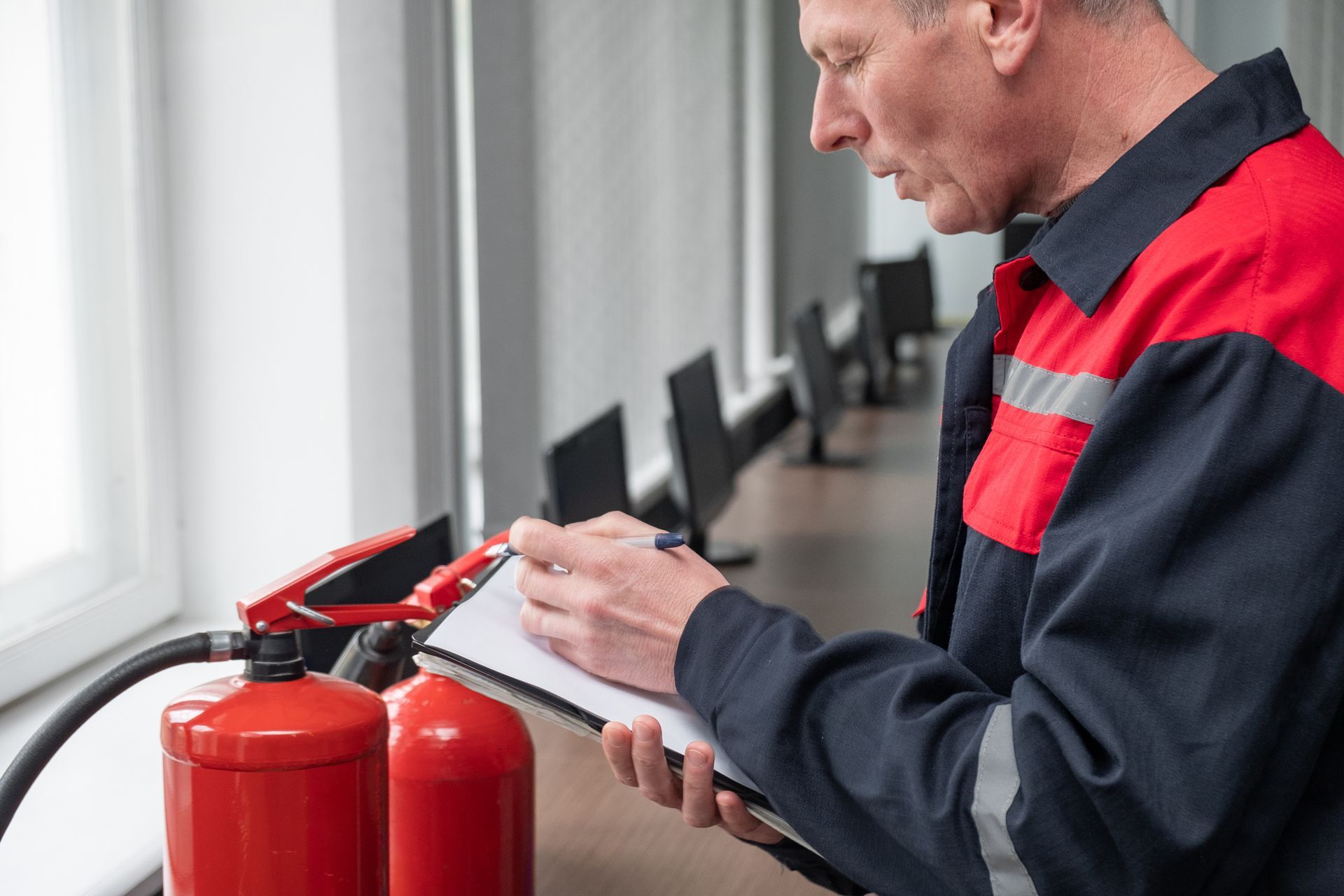 Technician inspecting red fire extinguishers on a windowsill with a clipboard