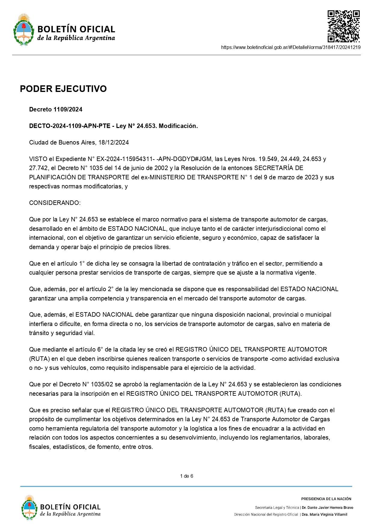 Decreto 1109-2024 ELIMINACIÓN REGISTRO RUTA, en su totalidad