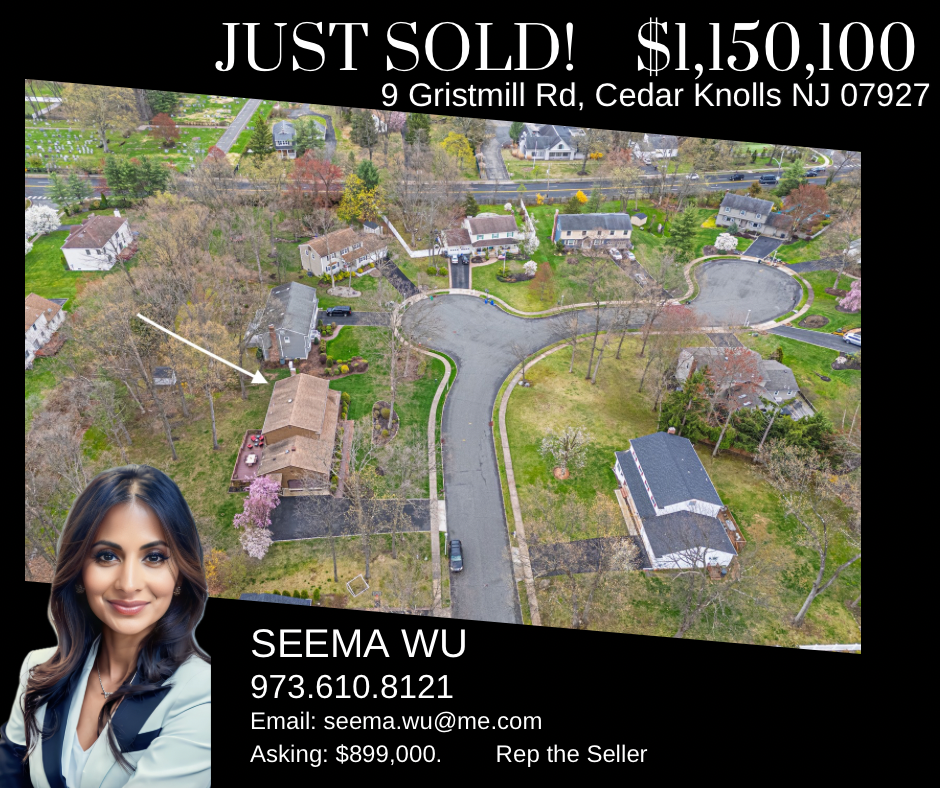 Aerial view of a house at 9 Gristmill Rd, Cedar Knolls, NJ, sold for $1,150,100. Agent: Seema Wu, represented seller.