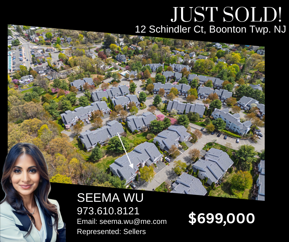 Real estate advertisement for 12 Schindler Ct, Boonton Twp, NJ, sold for $699,000, represented by Seema Wu. Aerial view of the homes.