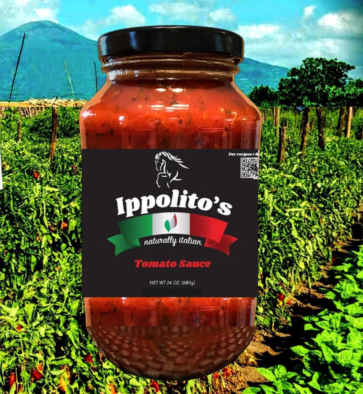 A jar of ippolito 's tomato sauce is in front of a field of tomatoes