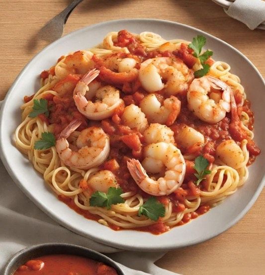 A plate of spaghetti with shrimp and tomato sauce