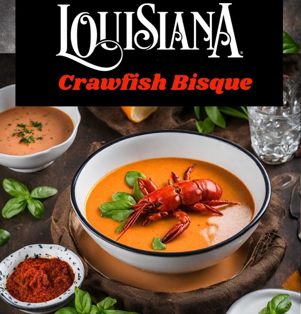 A bowl of louisiana crawfish bisque sits on a wooden table