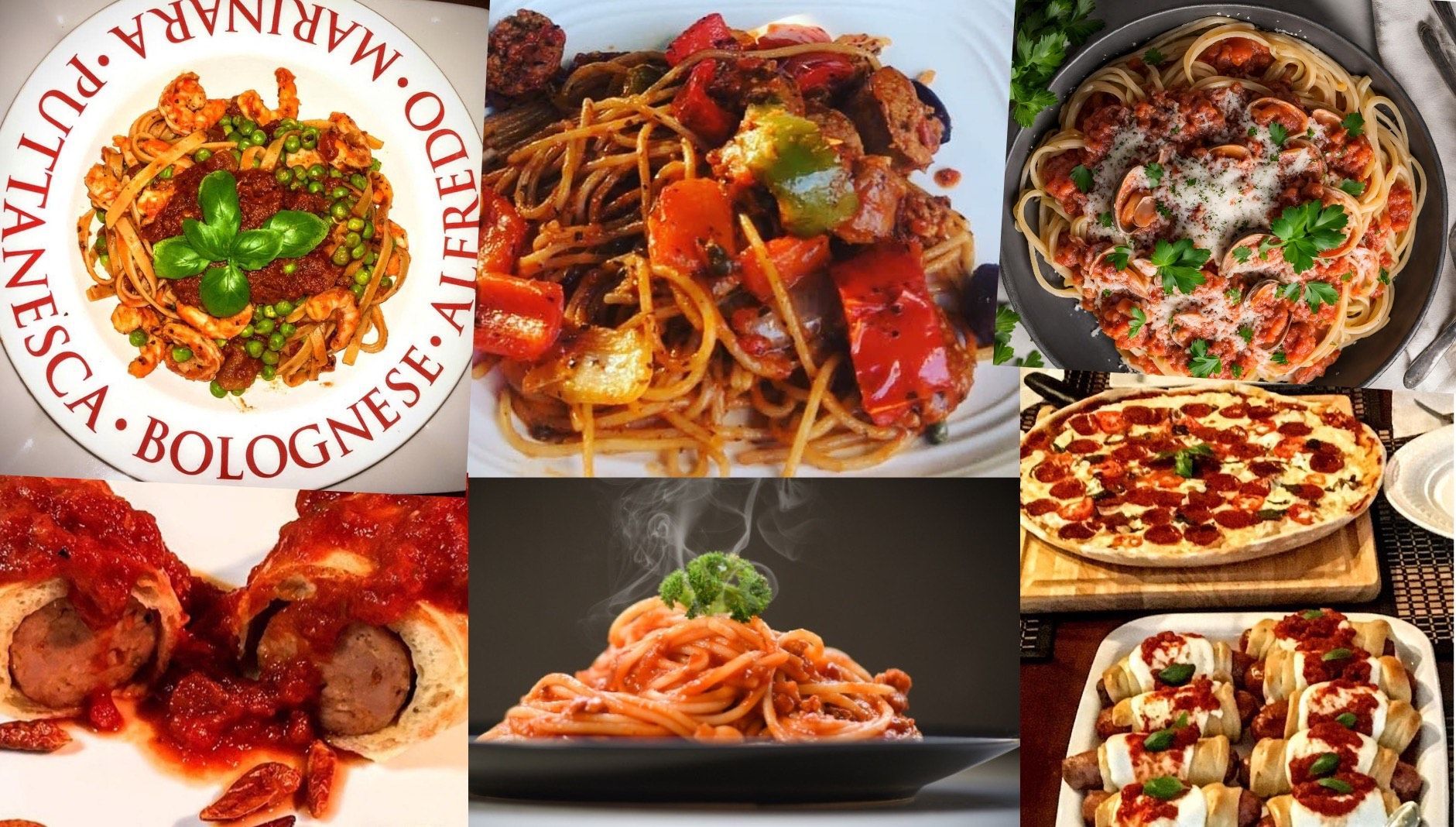 A collage of different types of italian food including spaghetti and pizza