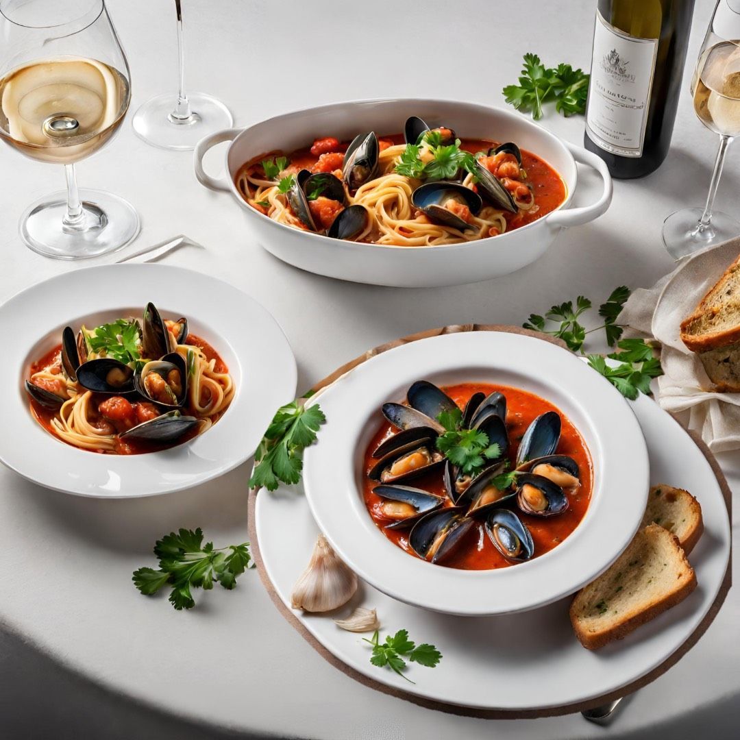 Three bowls of food on a table with a bottle of wine