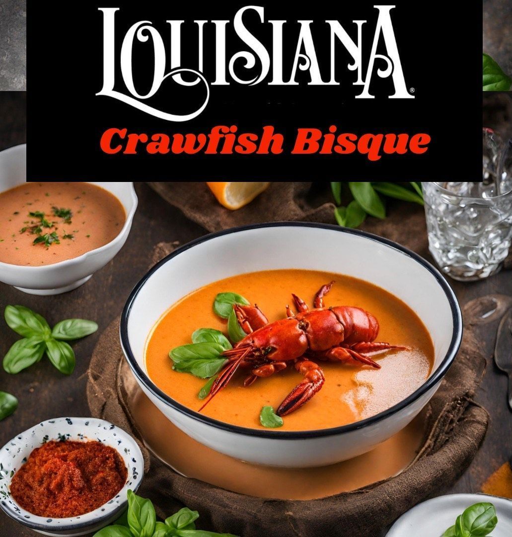 A bowl of louisiana crawfish bisque with a crawfish in it