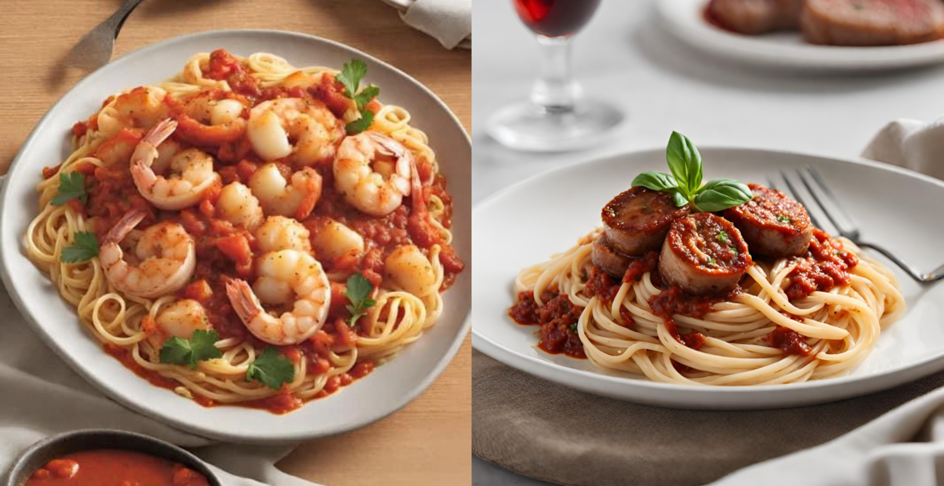 Two plates of spaghetti with shrimp and meatballs on a table.