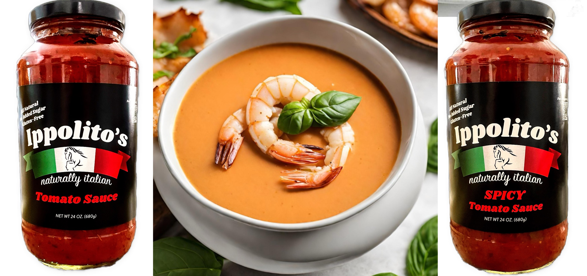 A bowl of soup with shrimp and a jar of tomato sauce.