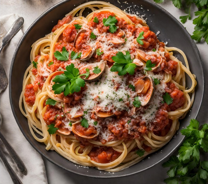 A bowl of spaghetti with clams and tomato sauce on a table.