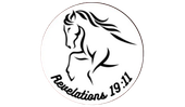 A black and white drawing of a horse in a circle with the words revelations 19:11