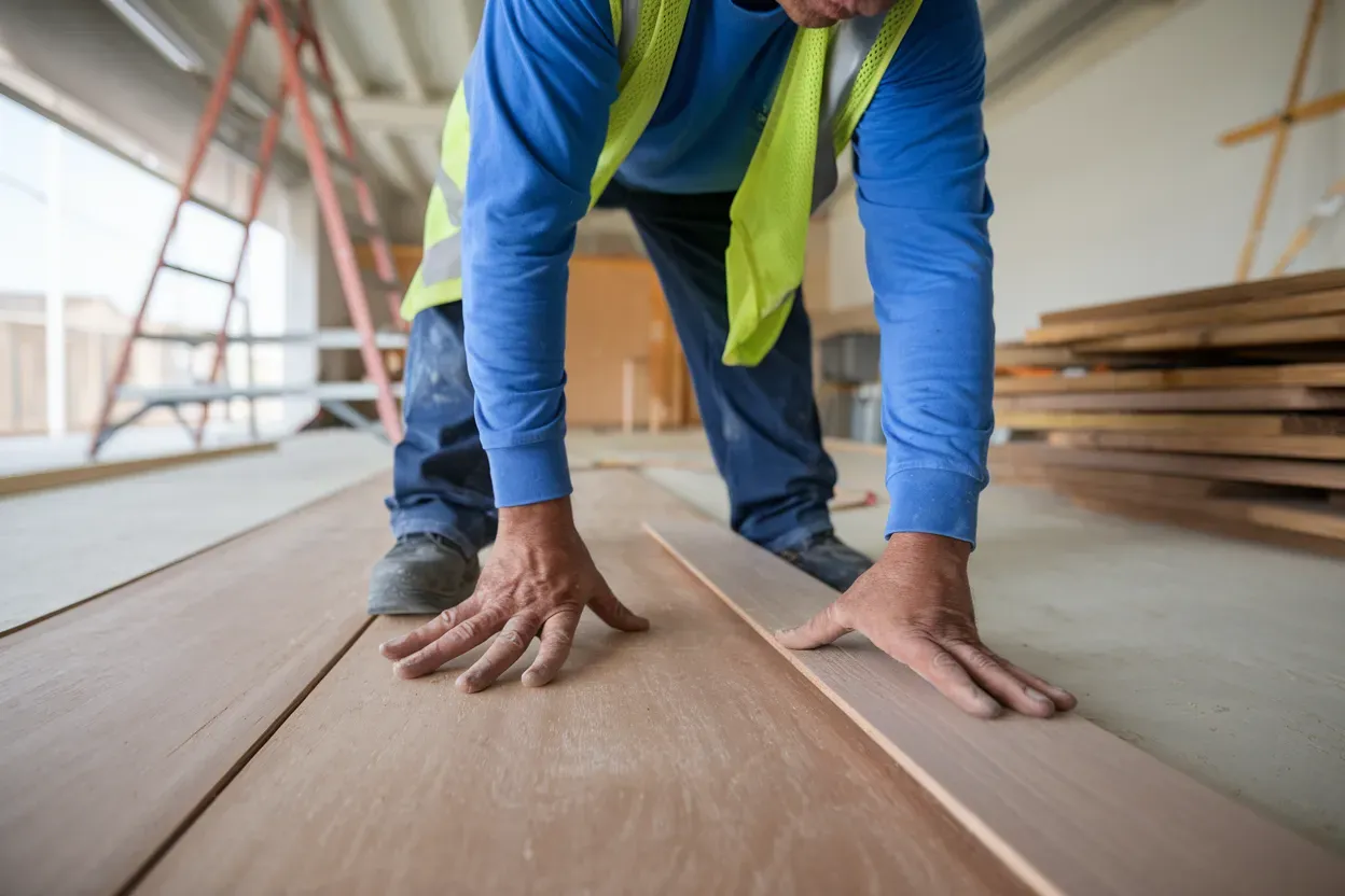 A construction worker is working on a wooden floor.