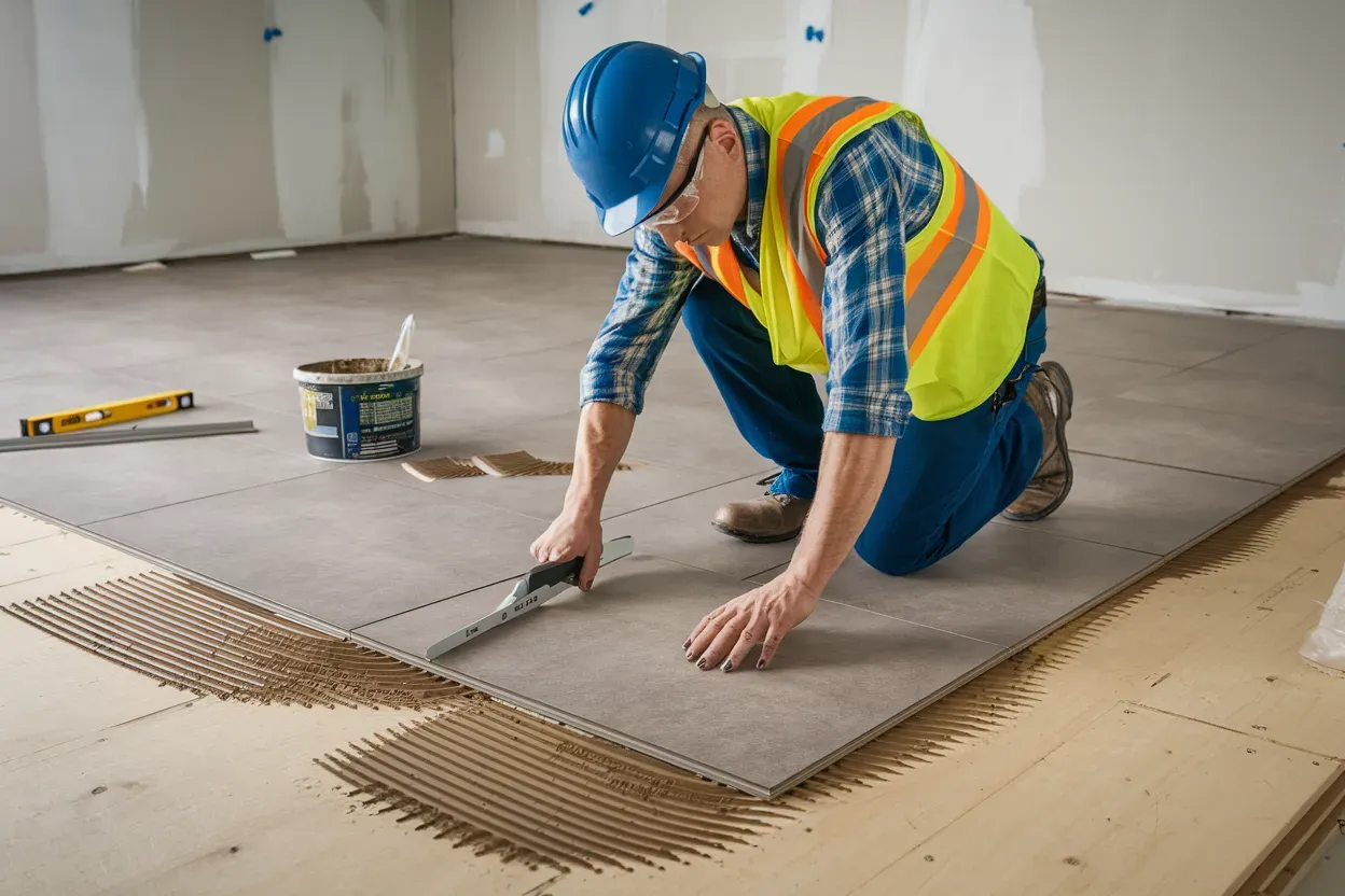 A construction worker is laying a tile floor in a room.