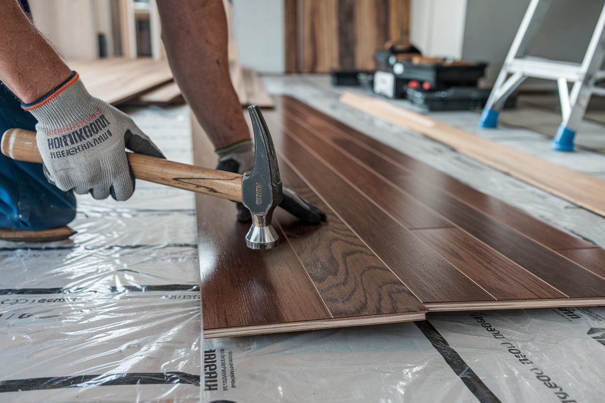A man is hammering a piece of hardwood flooring.