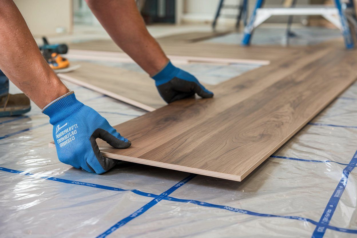 A person is installing a wooden floor in a room.