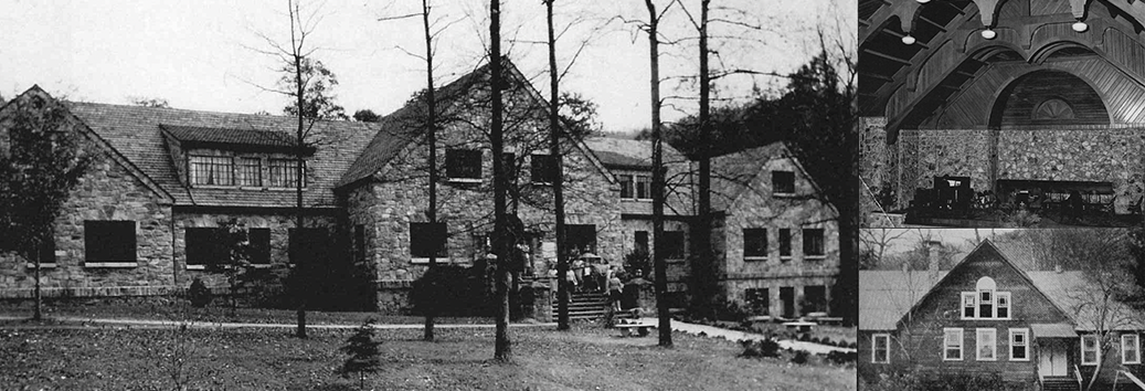 Black and white photo collage of the interior and exterior of a stone building and the exterior of a wooden building.