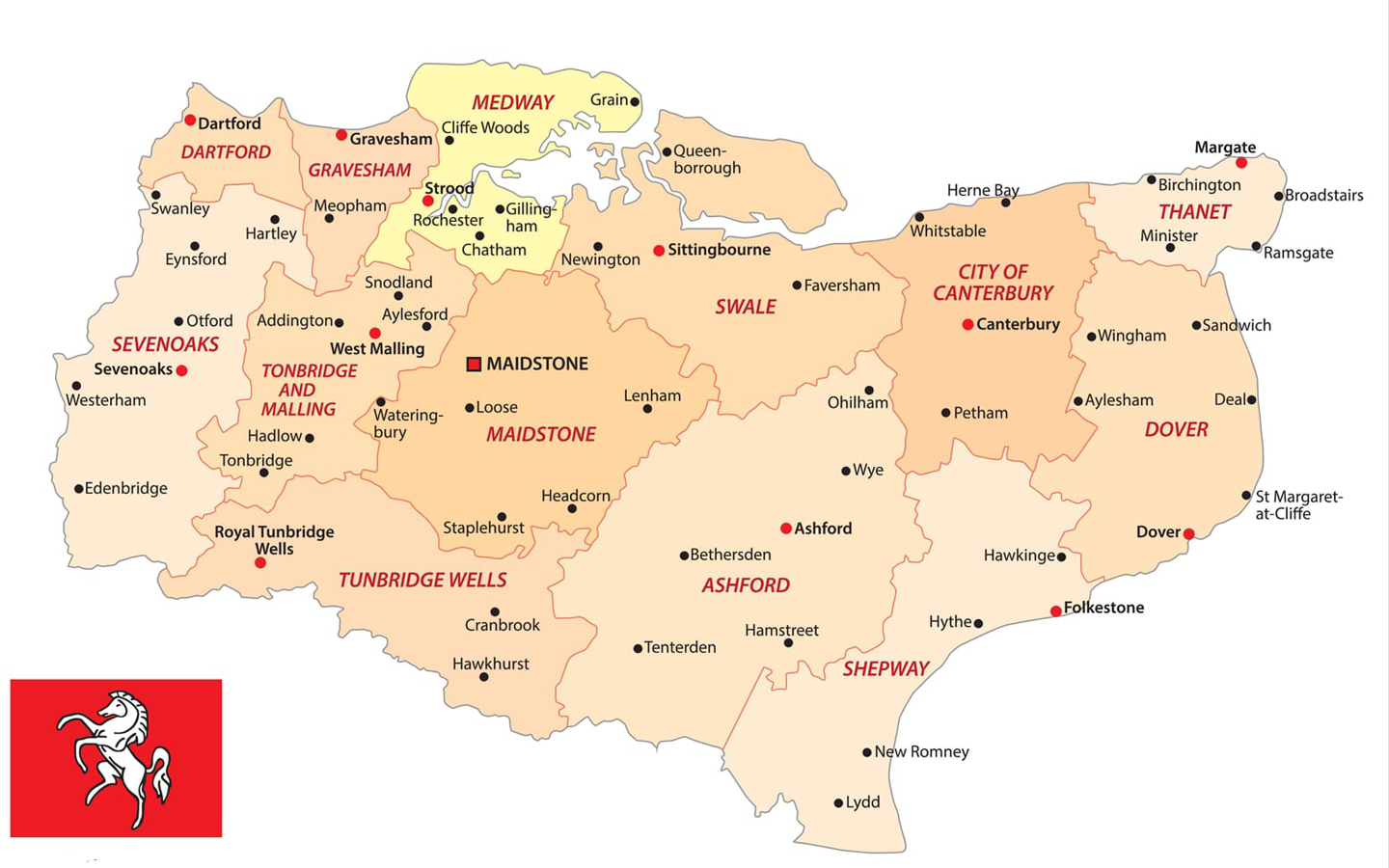 Map of Kent, England, showing towns and administrative areas in shades of beige. County flag in the corner.