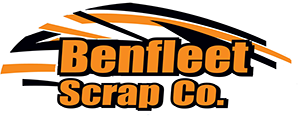 The logo for benfleet scrap co. is orange and black.