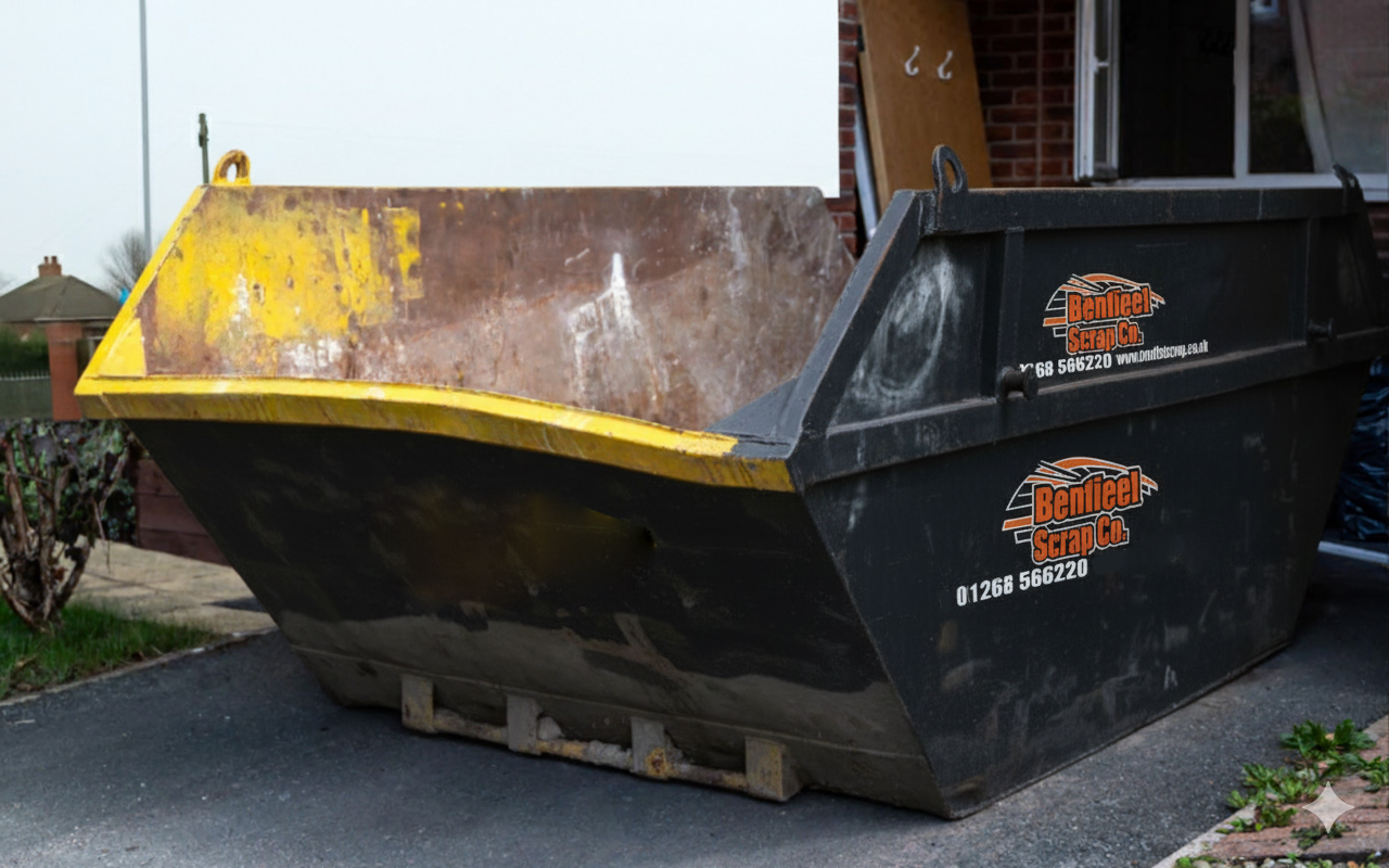 Black and yellow skip bin on a driveway, used for waste disposal.
