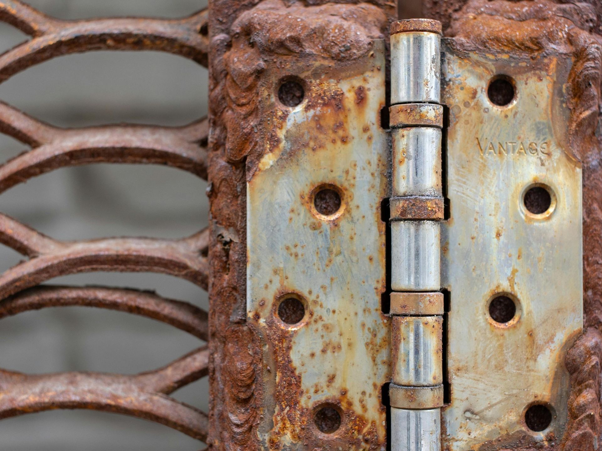 A close up of a rusty door hinge on a metal gate.