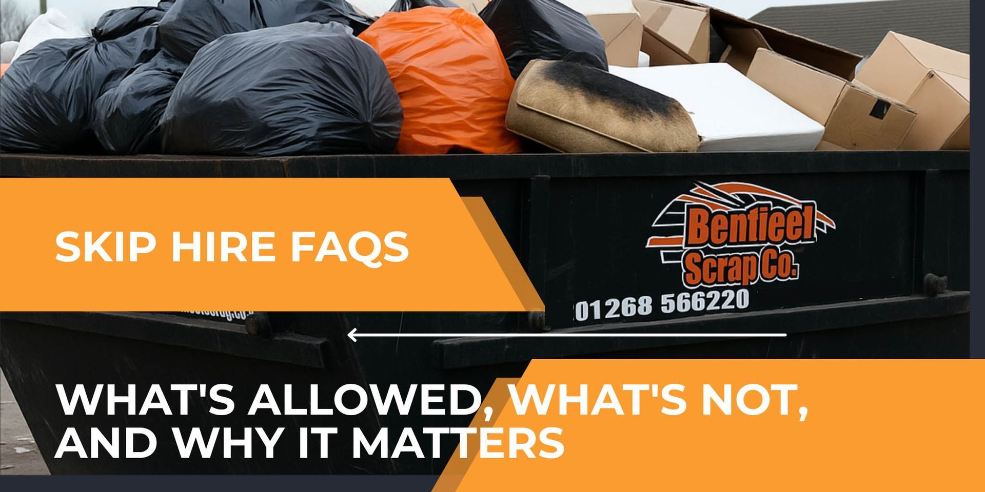skip full of rubbish qith Benfleet Scrap Co logo on the site