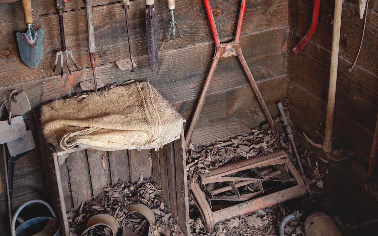 Old shed interior with gardening tools: burlap bag, rake, shovel, wooden crate, and others.
