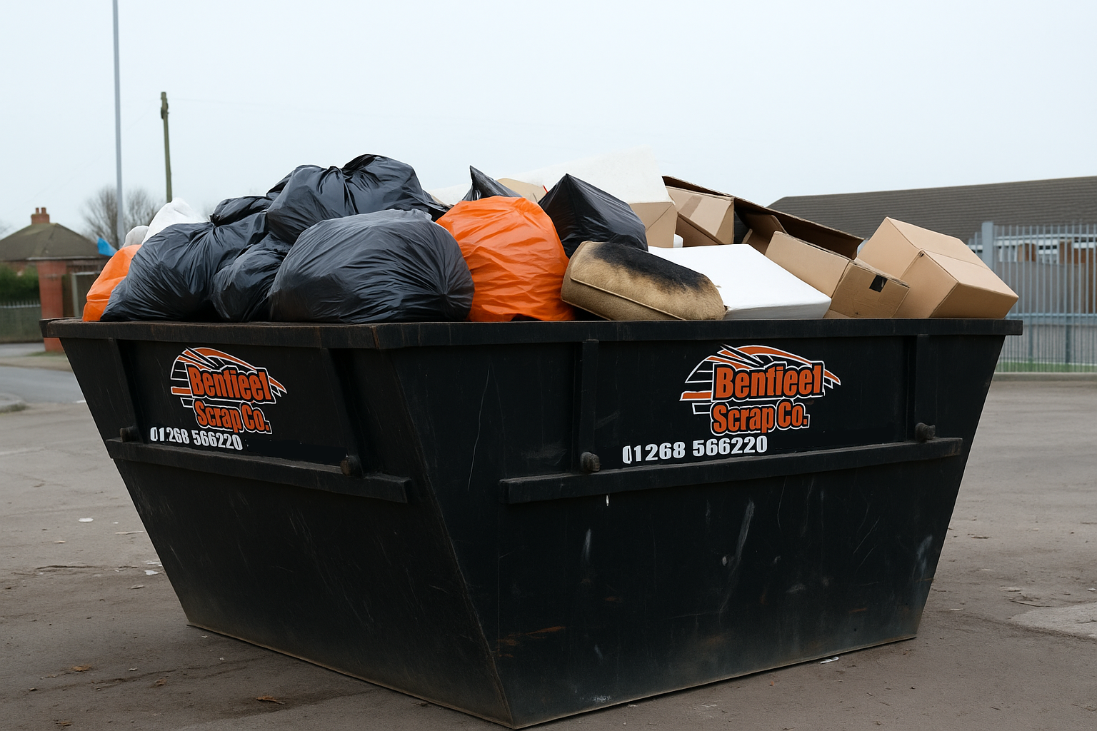 Black skip filled with rubbish bags and cardboard boxes.