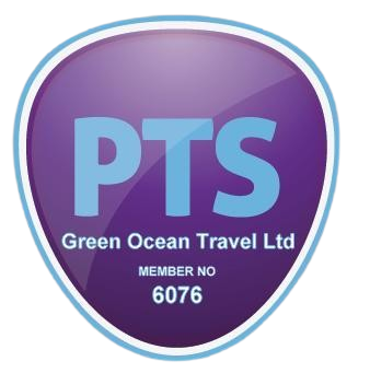 A purple and blue logo for green ocean travel ltd