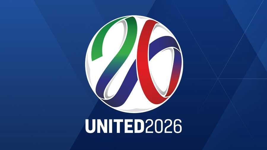 Logo for the 2026 FIFA World Cup, featuring intertwined ribbons in green, blue, and red, forming