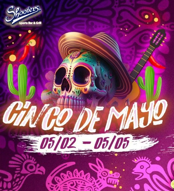 A poster for cinco de mayo shows a skull wearing a sombrero and holding a guitar