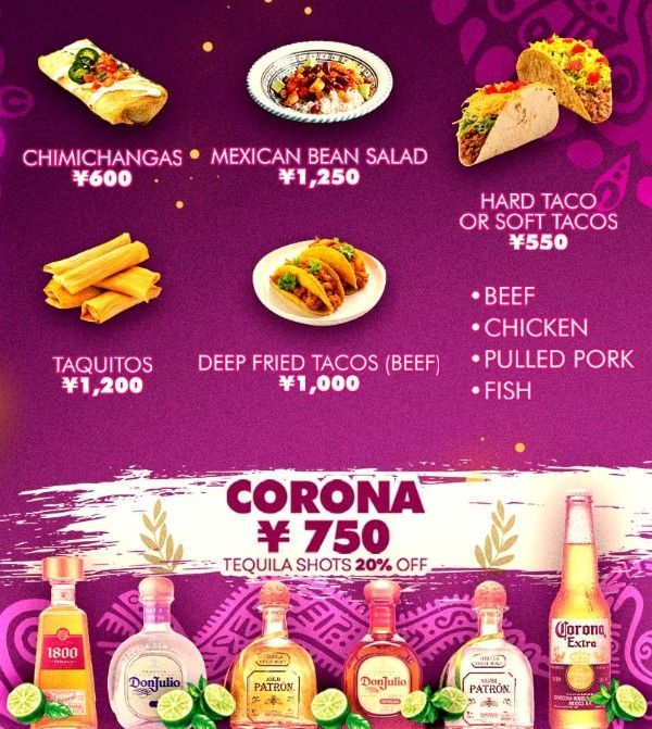 A menu for a restaurant that says corona on it