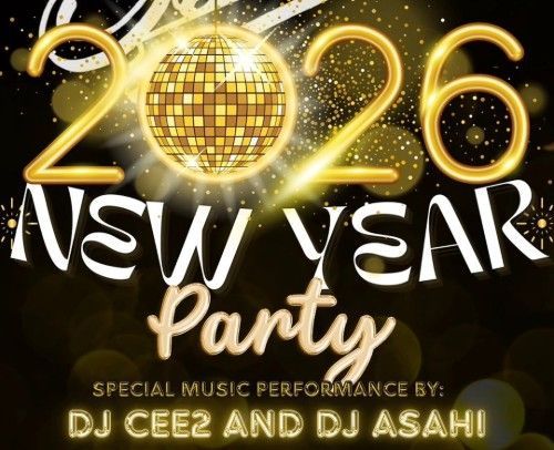 大晦日パーティーのフライヤー。ミラーボールのグラフィックに金色の文字。DJ CeezとDJ Asahiがパフォーマンスします。
