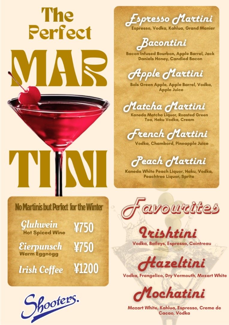 Martini Menu at Shooters