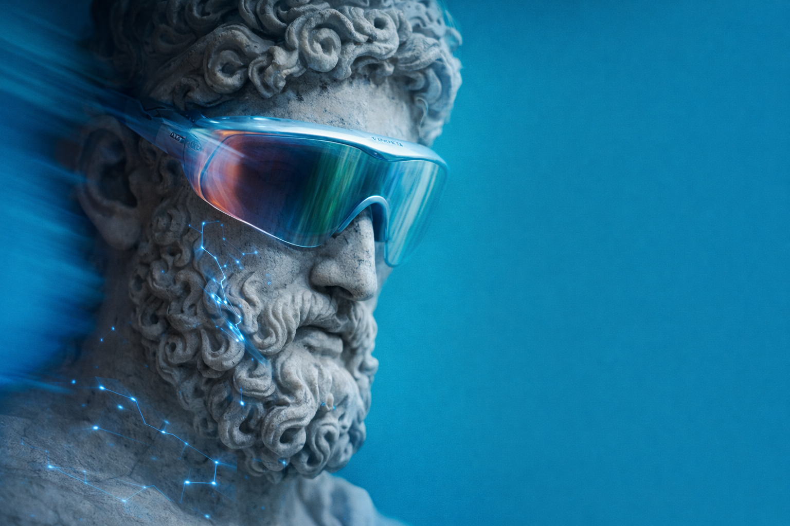 Classical Greek sculpture wearing futuristic sunglasses