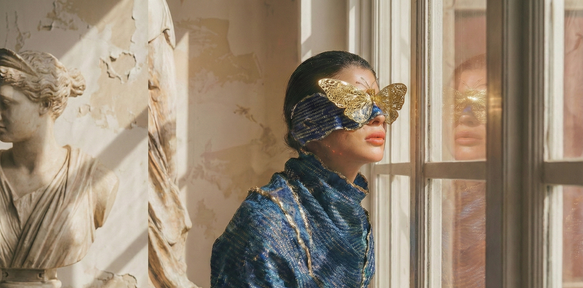 Concept portrait with butterfly mask — creative direction for aesthetic-led brand campaigns.